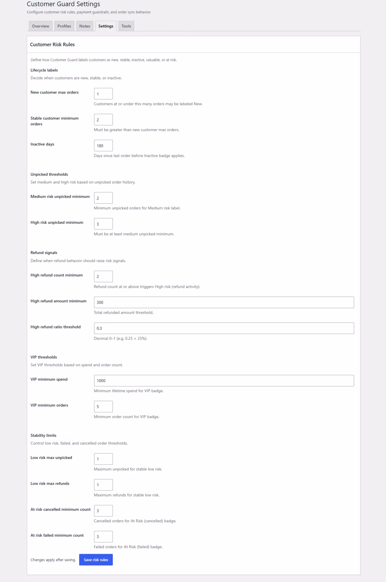 Customer Guard Settings
